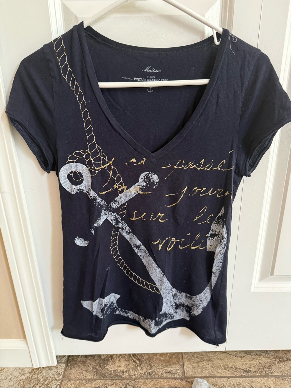 J. Crew Navy V-Neck Anchor Graphic Tee
